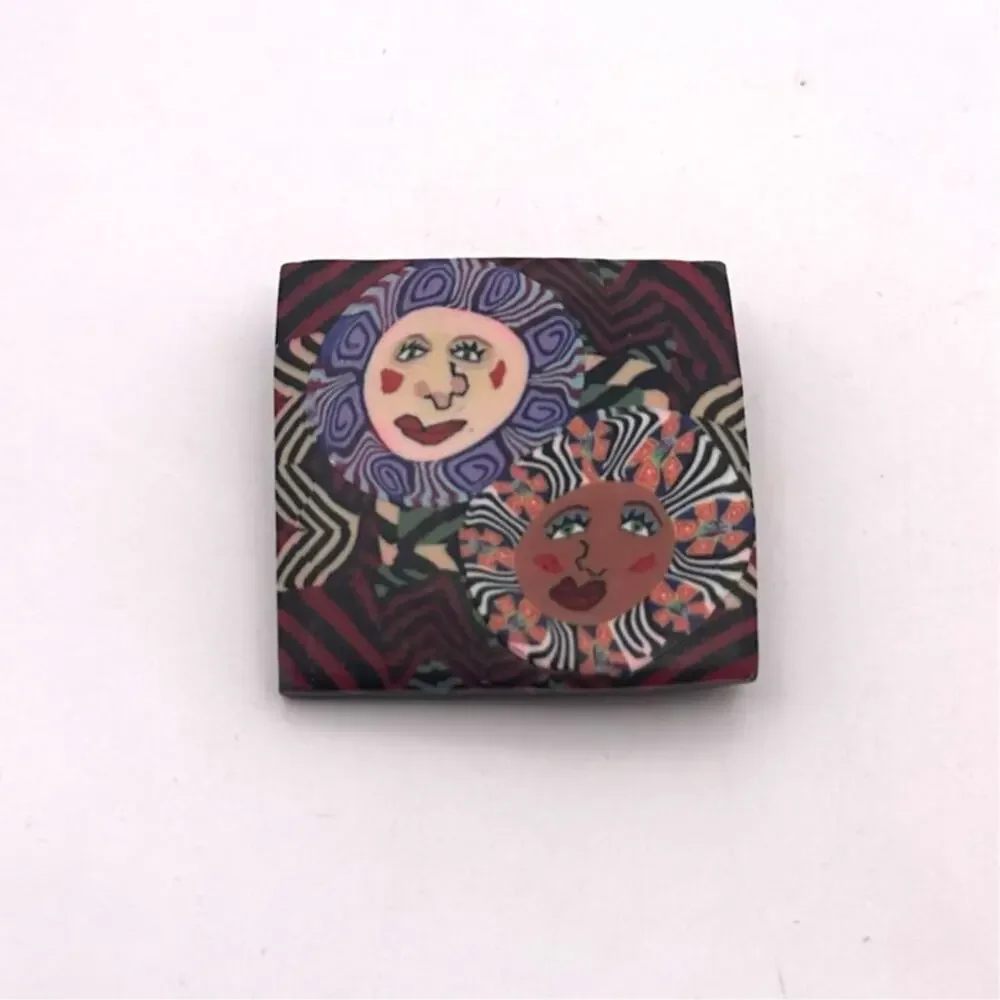 Celestial Painted Wood Pin Square Brooch Sun Flower Face Artisan Artsy Vintage